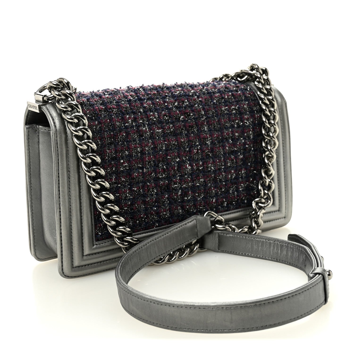 Chanel Tweed Metallic Lambskin Medium Boy Flap Silver