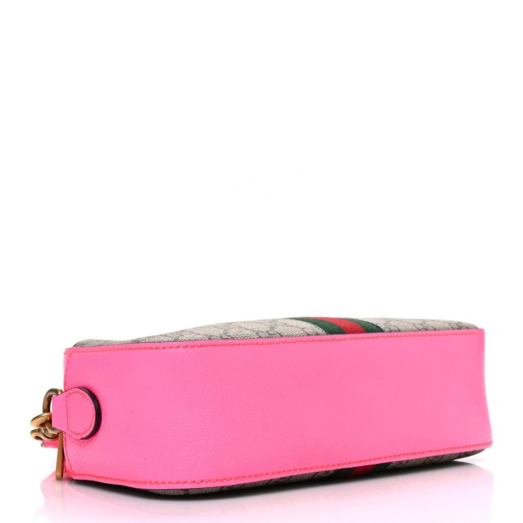 Gucci GG Supreme Monogram Textured Dollar Calfskin Web Ophidia Small Crossbody Bag Beige Ebony Fuchsia