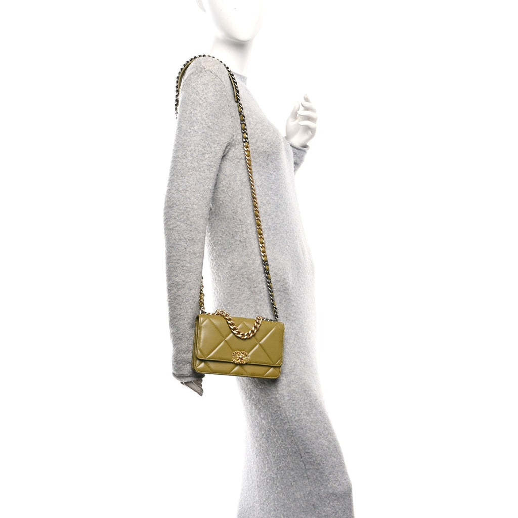 Chanel Lambskin Quilted Chanel 19 Wallet On Chain WOC Green