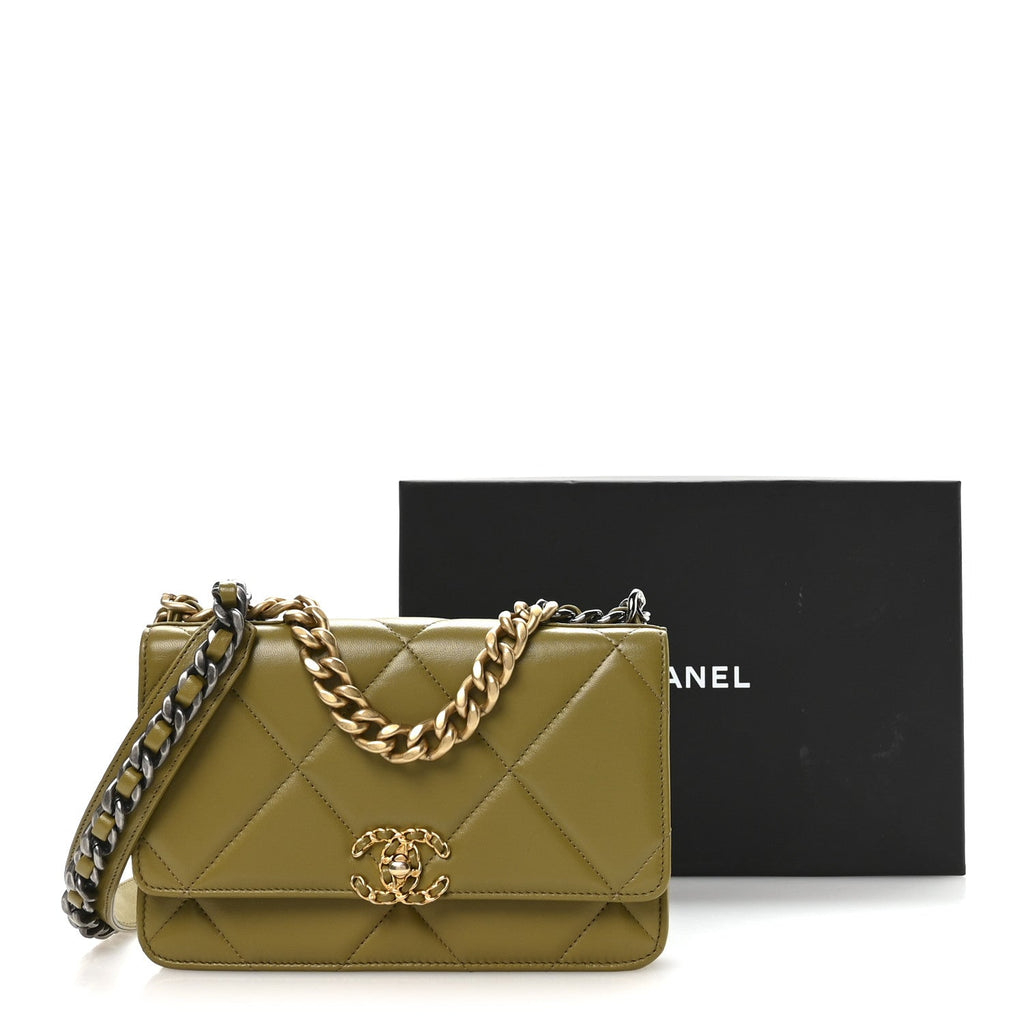 Chanel Lambskin Quilted Chanel 19 Wallet On Chain WOC Green