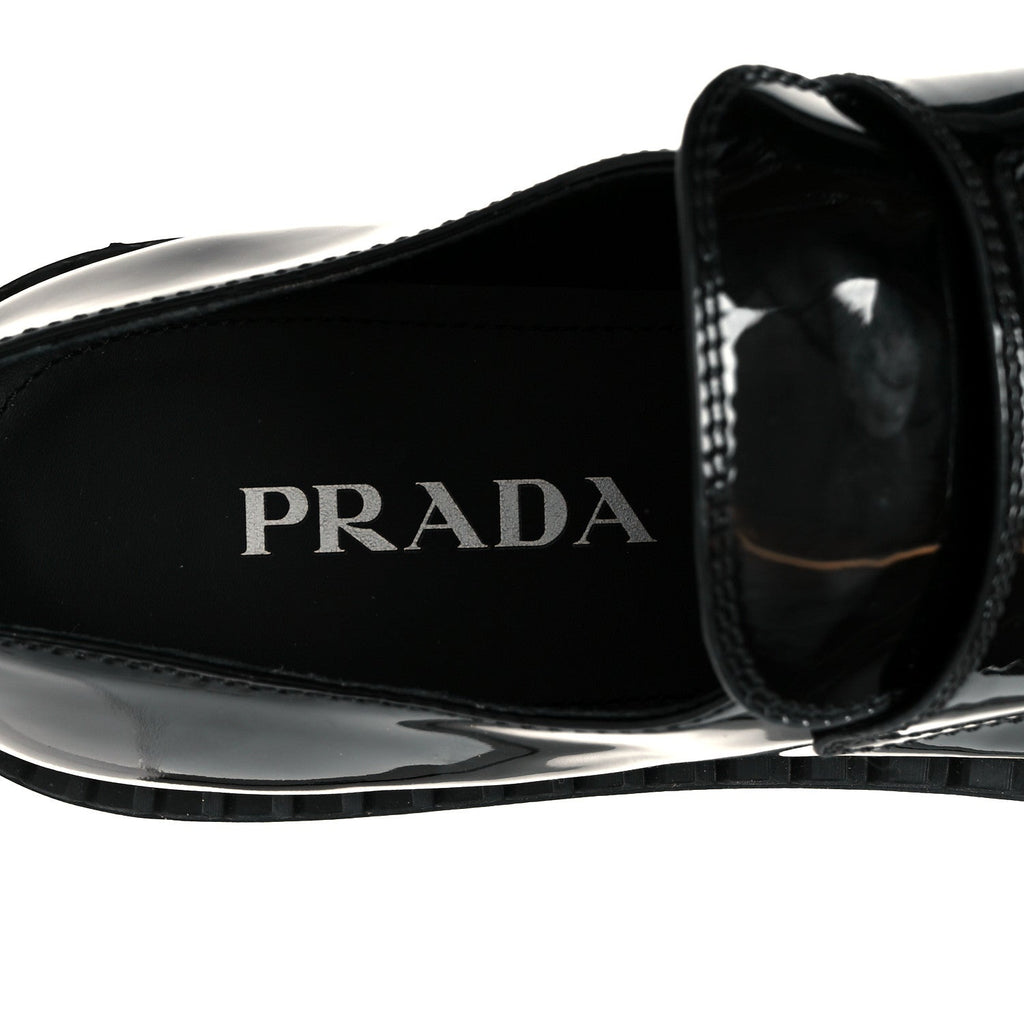 Prada Vernice Metal Triangle Logo 50mm Loafers 39.5 Black