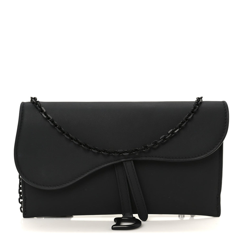 Christian Dior Ultra Matte Calfskin Saddle Chain Wallet Pouch Black