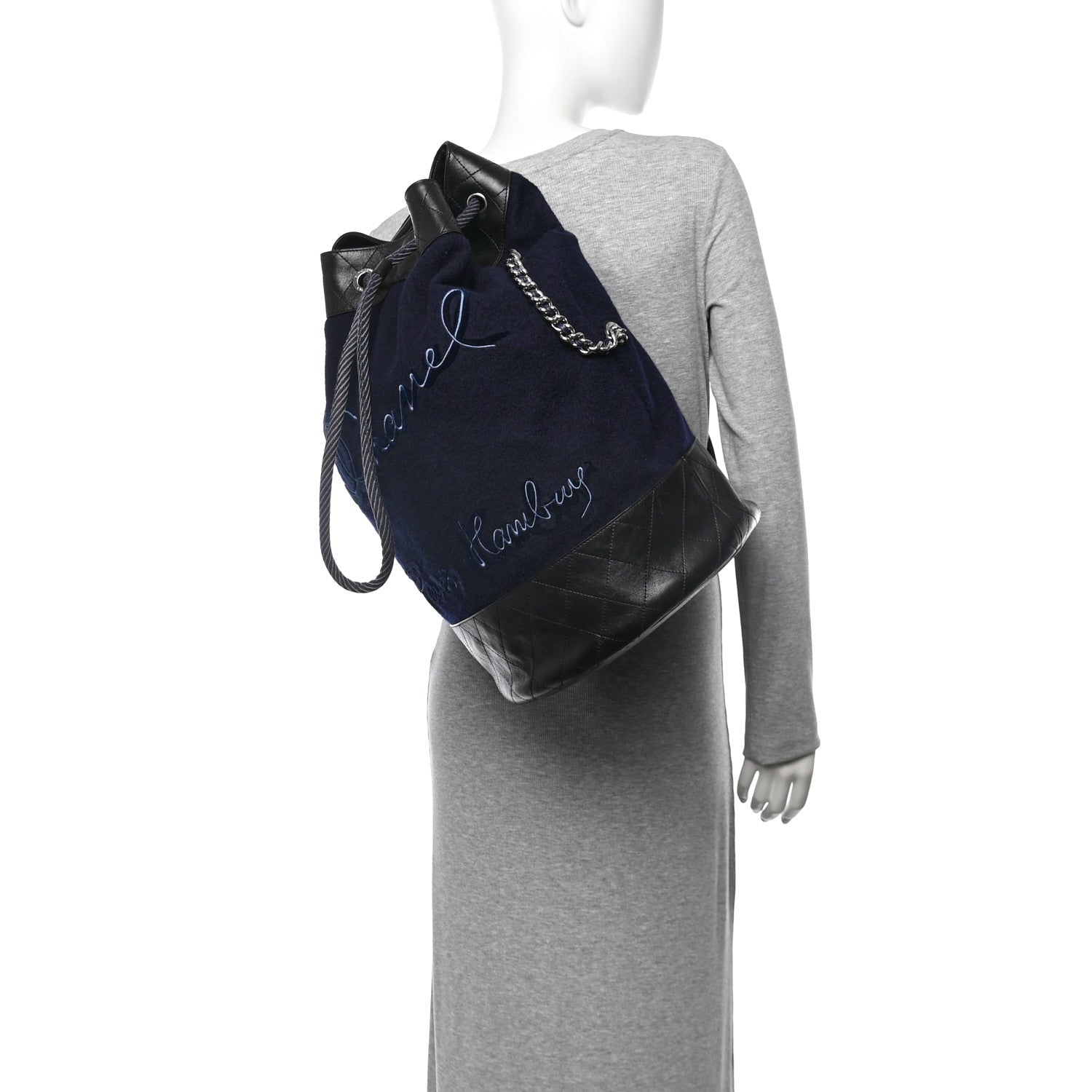 Chanel Wool Calfskin Embroidered Paris Hamburg Drawstring Backpack Navy Blue