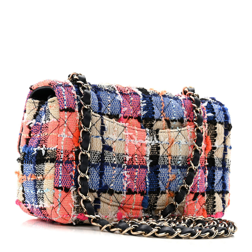 Chanel Tweed Quilted Mini Rectangular Flap Blue Orange Pink