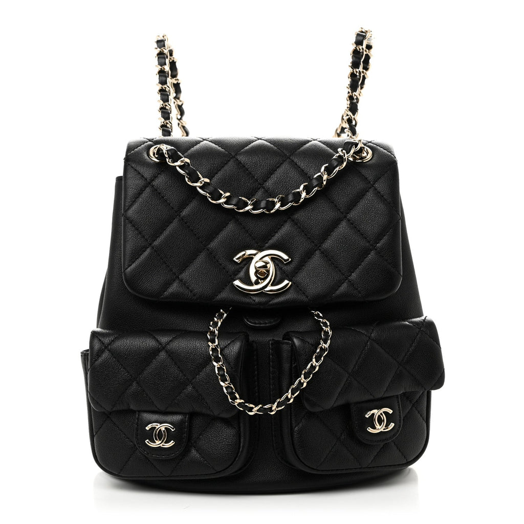 Chanel Calfskin Quilted Medium Duma Pockets Drawstring Backpack Black