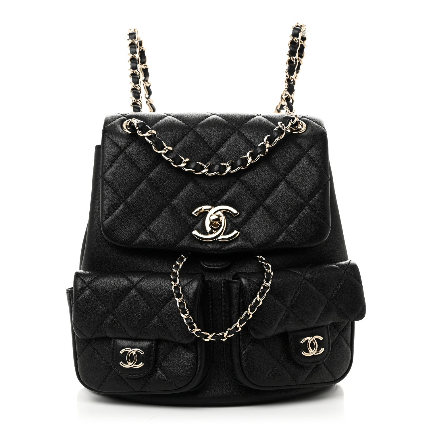 Chanel Calfskin Quilted Medium Duma Pockets Drawstring Backpack Black