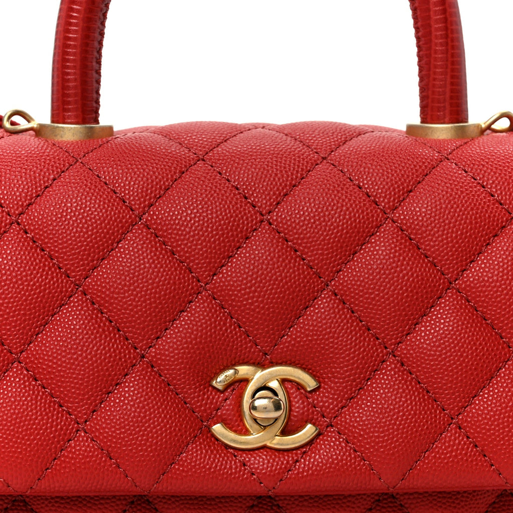 Chanel Caviar Lizard Embossed Quilted Mini Coco Handle Flap Red