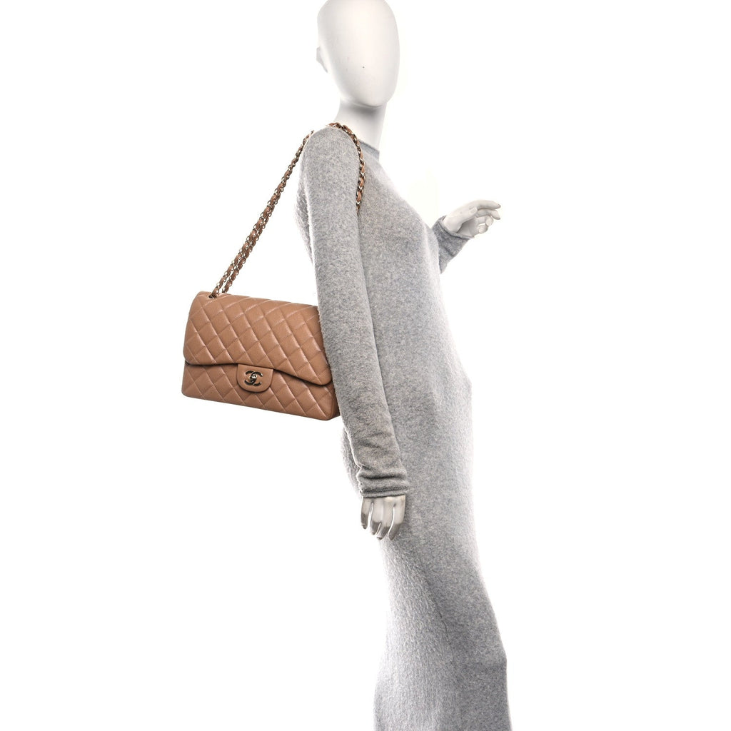 Chanel Caviar Quilted Jumbo Double Flap Beige