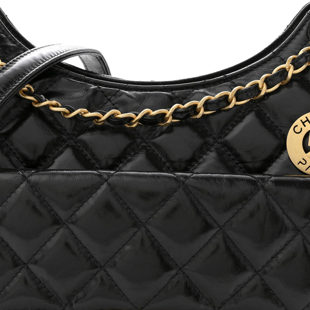 Chanel Shiny Crumpled Calfskin Quilted Wavy CC Hobo Black