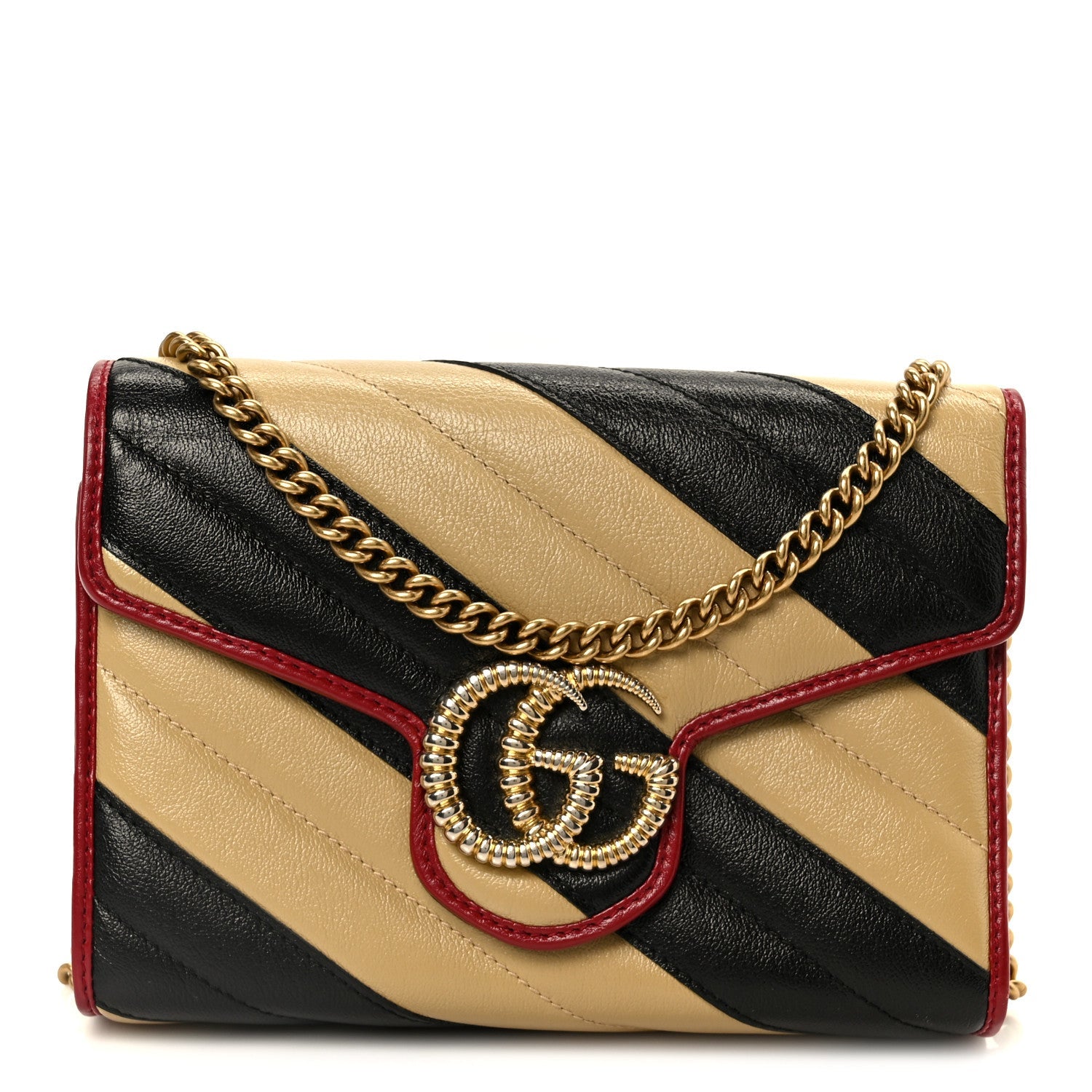 Gucci Azalea Calfskin Matelasse Diagonal Patchwork Torchon GG Marmont Chain Wallet Black Beige Romantic Cerise