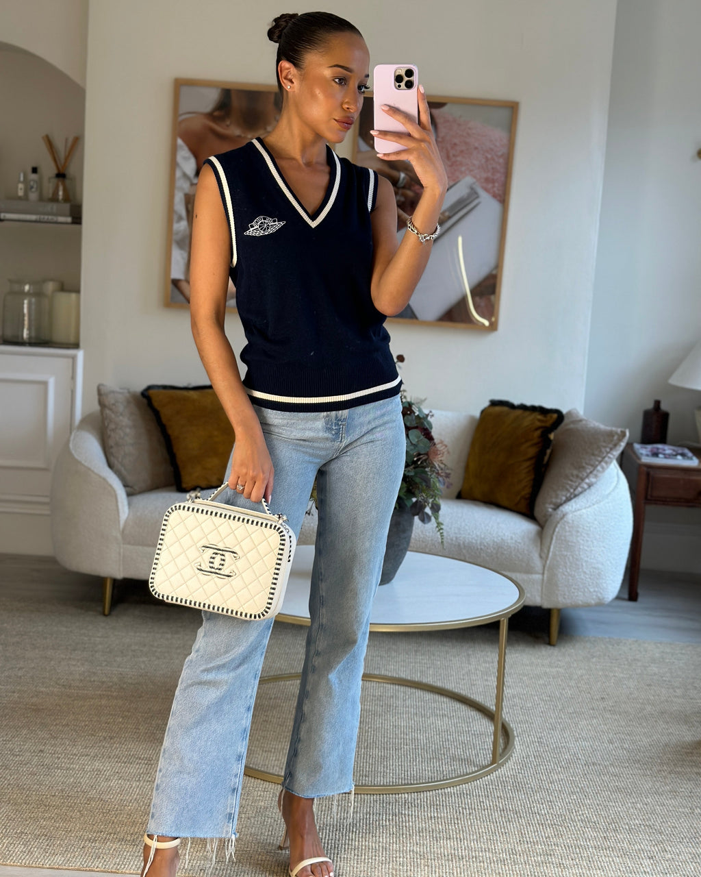 Chanel White Caviar Vanity Case with Zebra Motif CC Logo and Silver Hardware
