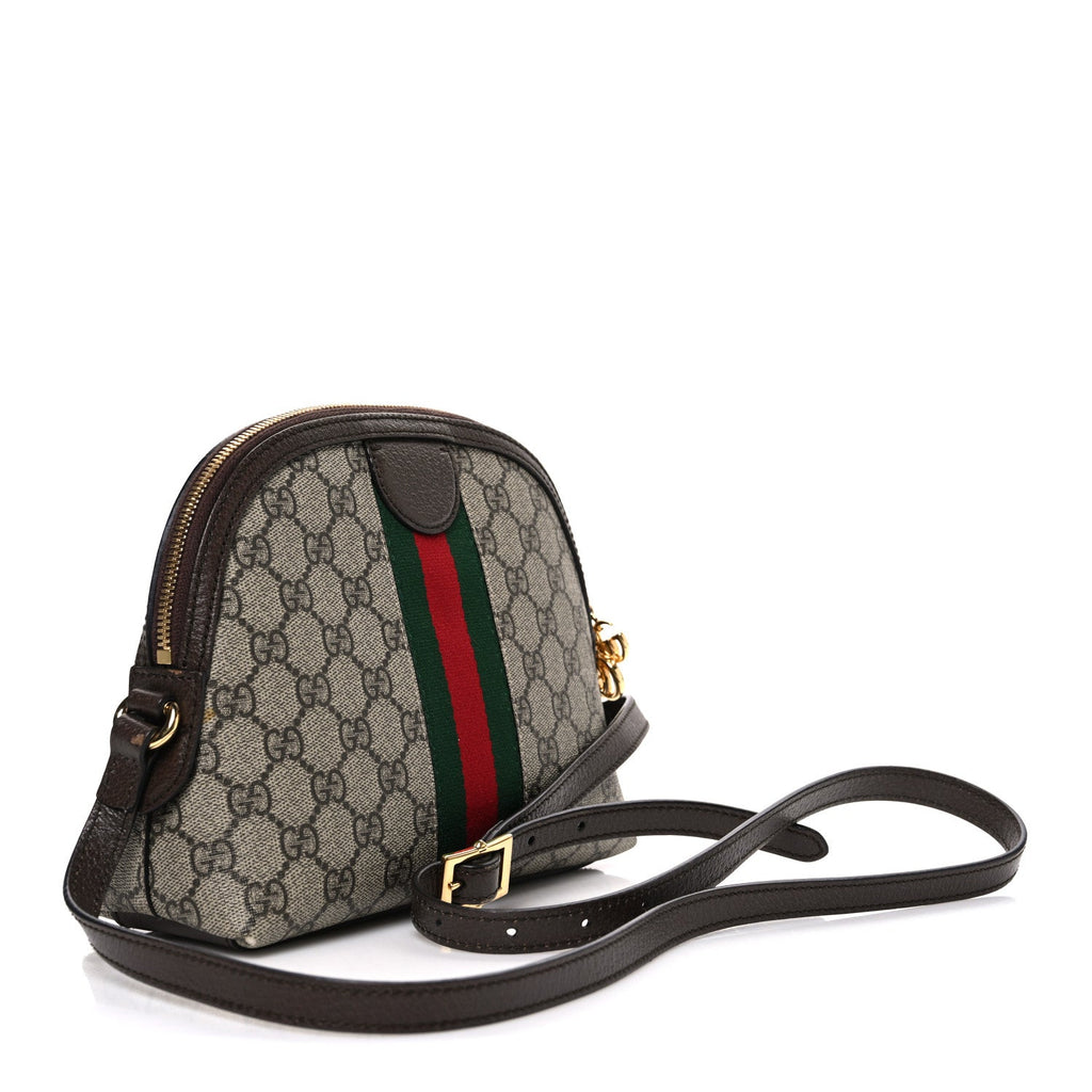 Gucci GG Supreme Monogram Textured Dollar Calfskin Web Small Ophidia Dome Shoulder Bag Beige Ebony New Acero