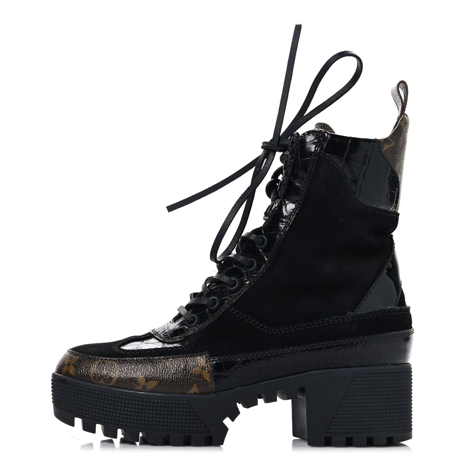 Louis Vuitton Suede Crocodile Embossed Calfskin Monogram Laureate Platform Desert Boots 36 Black