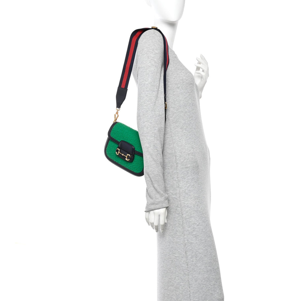 Gucci Casy Wool Azalea Calfskin Mini Horsebit 1955 Shoulder Bag Deep Emerald Blue
