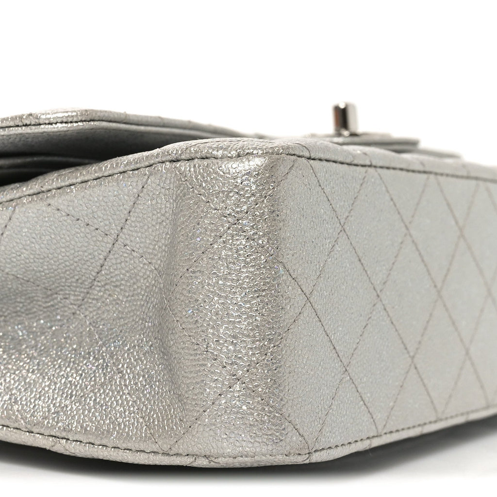 Chanel Glittered Metallic Caviar Quilted Medium Double Flap Silver