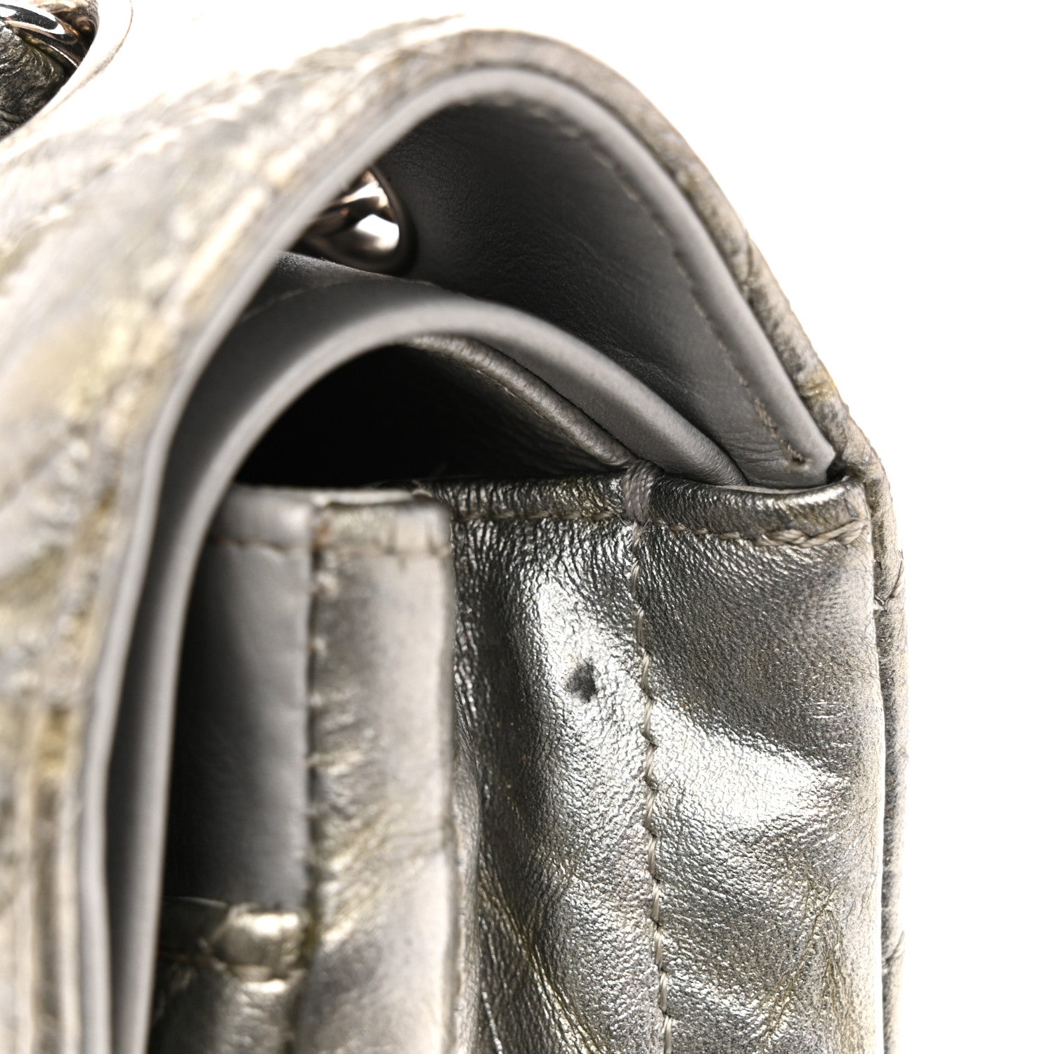 Chanel Metallic Patent Crumpled Calfskin Chevron Quilted Medium Double Flap Silver