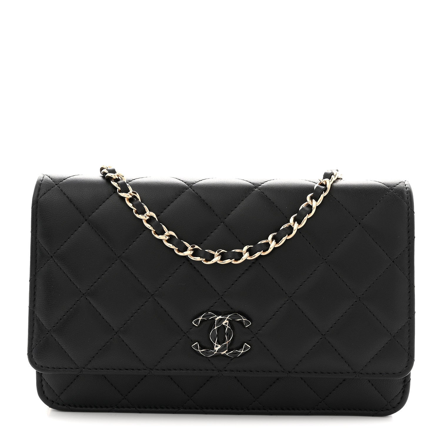 Chanel Lambskin Quilted Enamel CC Wallet On Chain WOC Black