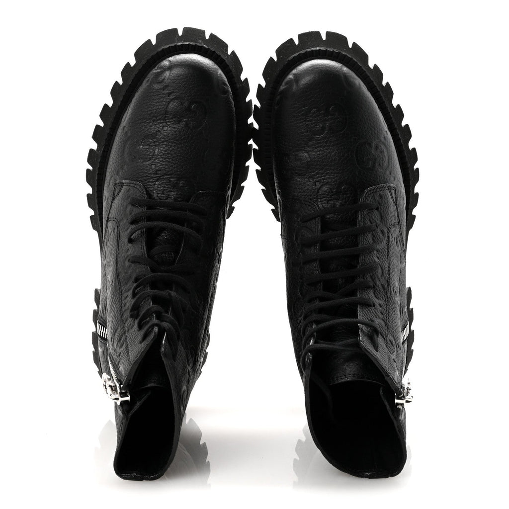 Gucci Calfskin Embossed Monogram Mens Lace Up Ankle Boots 7 Black