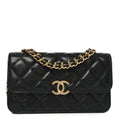 Chanel Lambskin Quilted Double Chain Flap Phone Holder With Chain Black