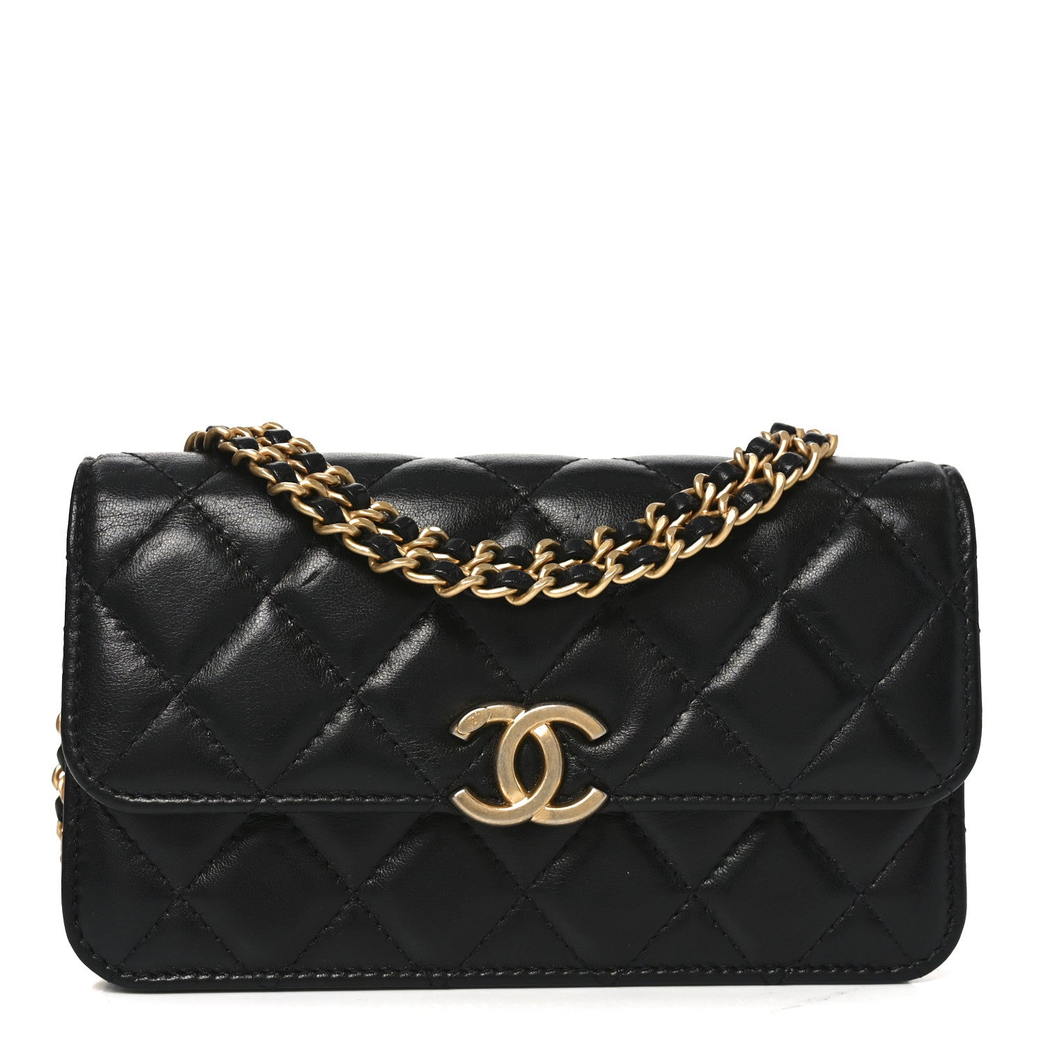 Chanel Lambskin Quilted Double Chain Flap Phone Holder With Chain Black