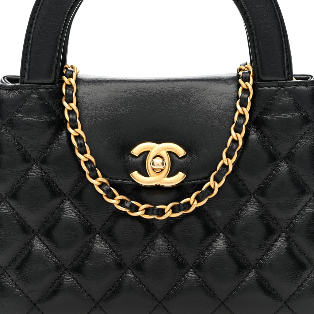 Chanel Shiny Aged Calfskin Quilted Nano Kelly Shopper Black