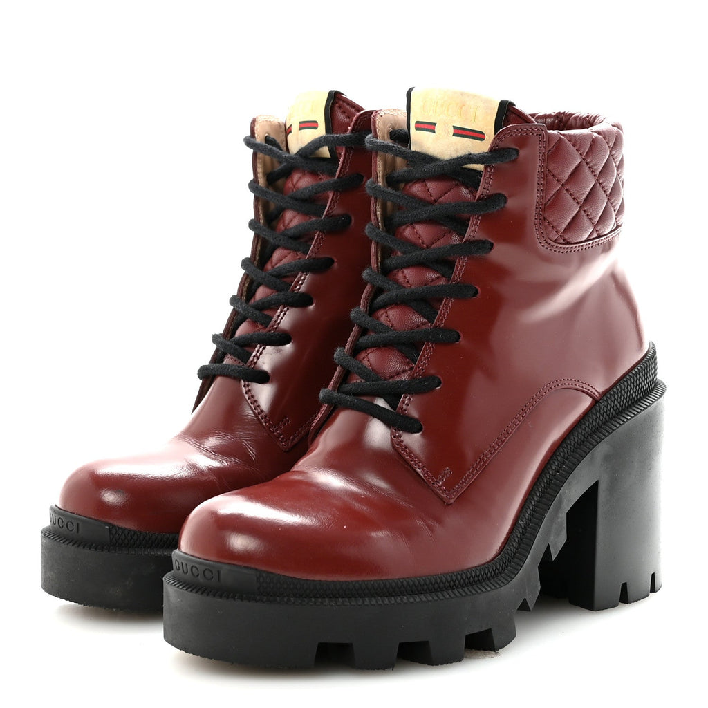 Gucci Magnum Calfskin Nappa Quilted Lace Up Ankle Boots 36 Garnet Red