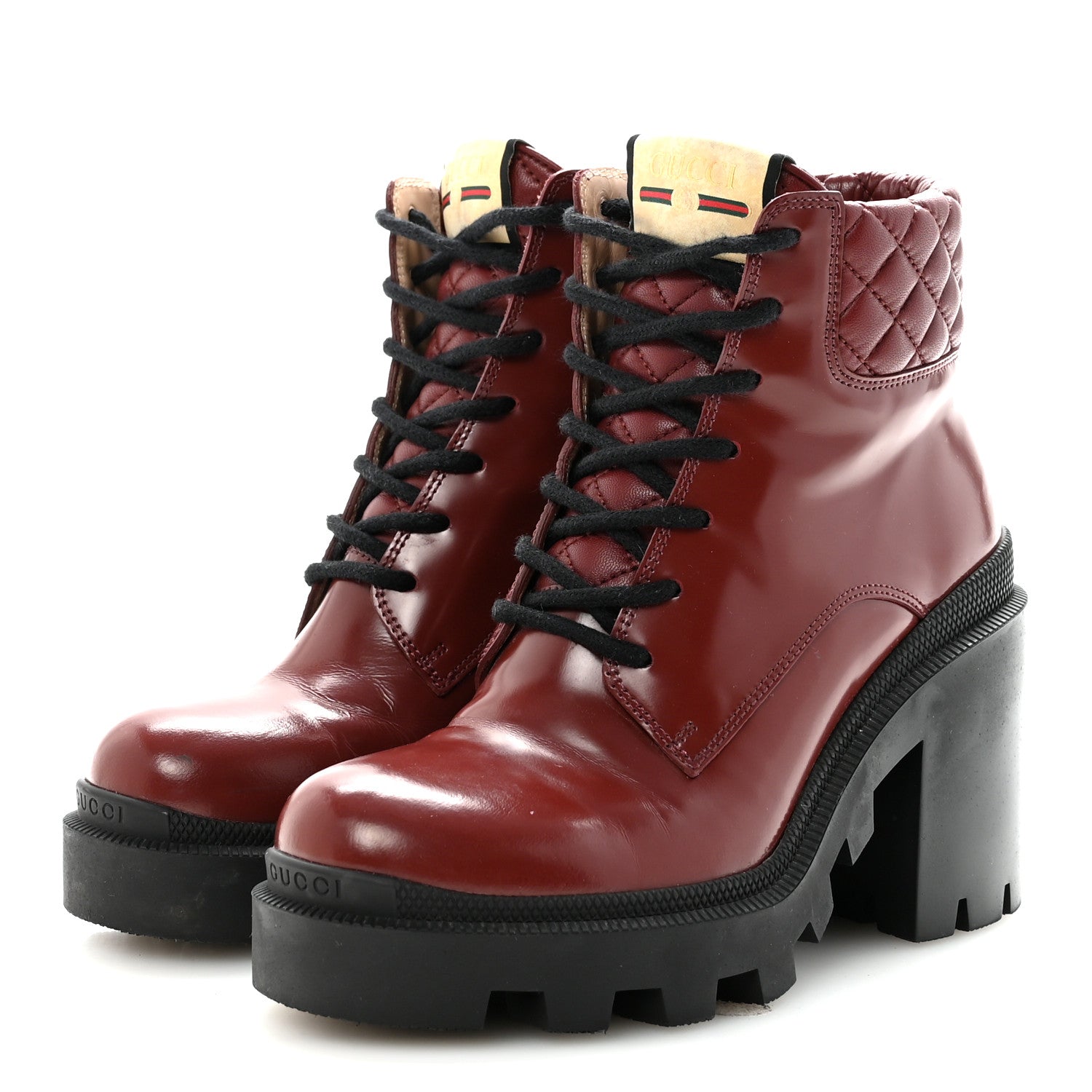 Gucci Magnum Calfskin Nappa Quilted Lace Up Ankle Boots 36 Garnet Red