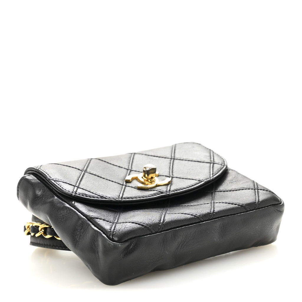 Lambskin Diamond Stitched Flap Waist Belt Bag 65 26 Black