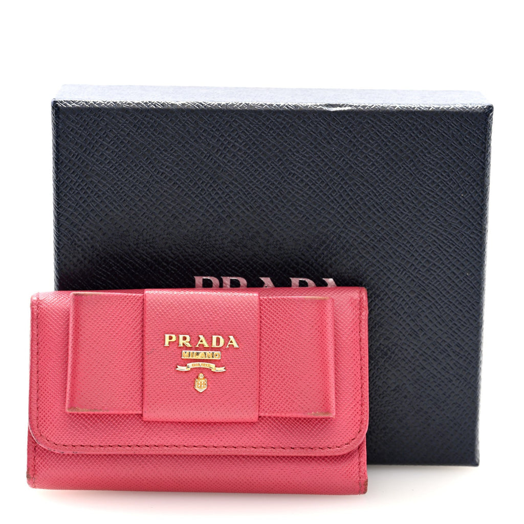 Prada Saffiano Fiocco Bow Metal 6 Key Holder Peonia