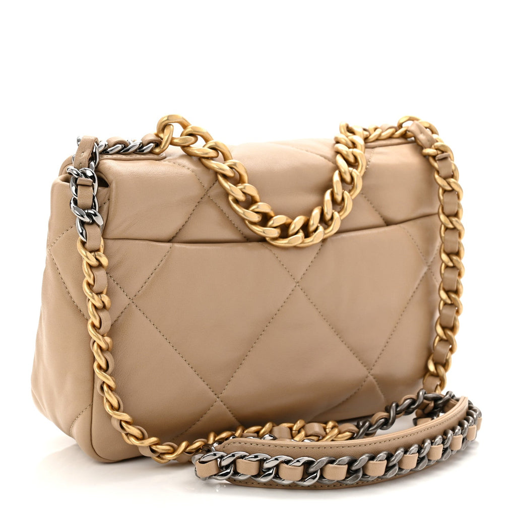Chanel Lambskin Quilted Medium Chanel 19 Flap Dark Beige