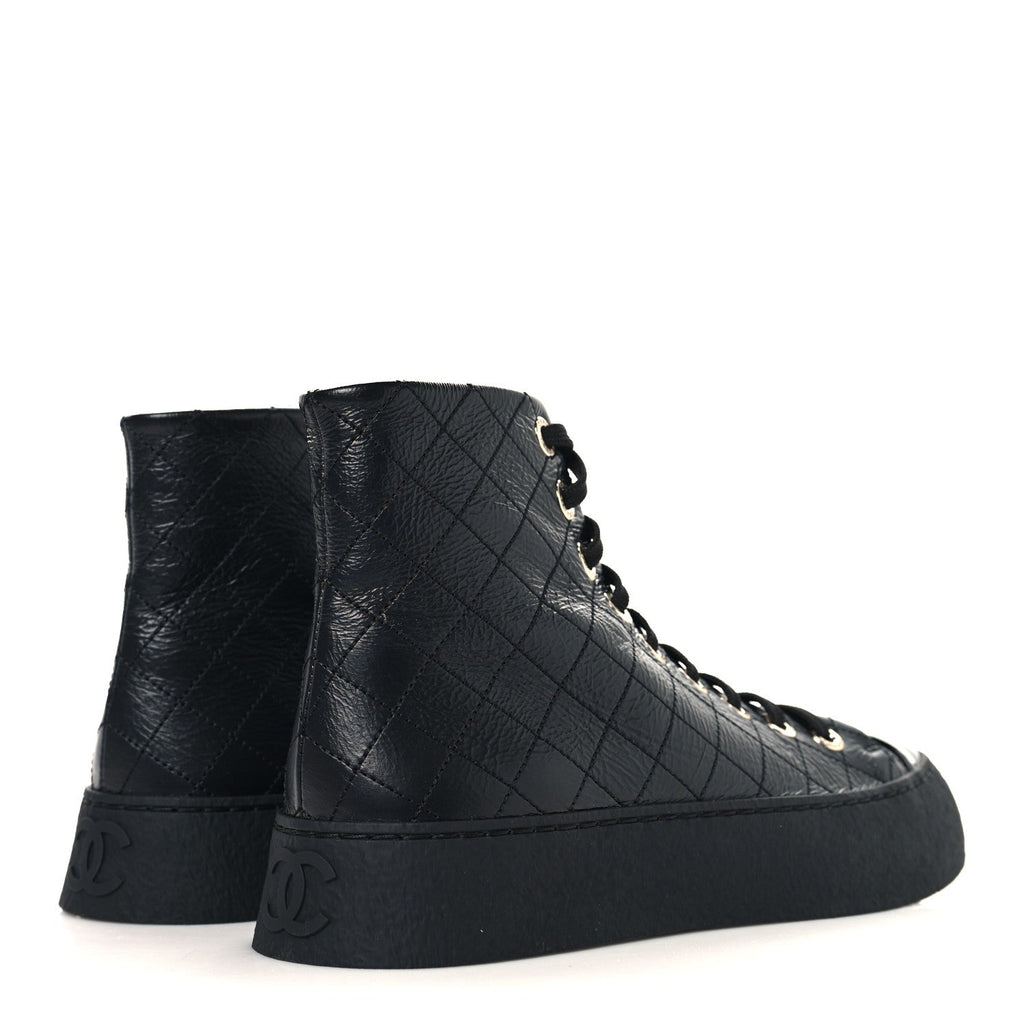 Crumpled Lambskin Patent Cap Toe CC Stitched High Top Sneakers 37.5 Black