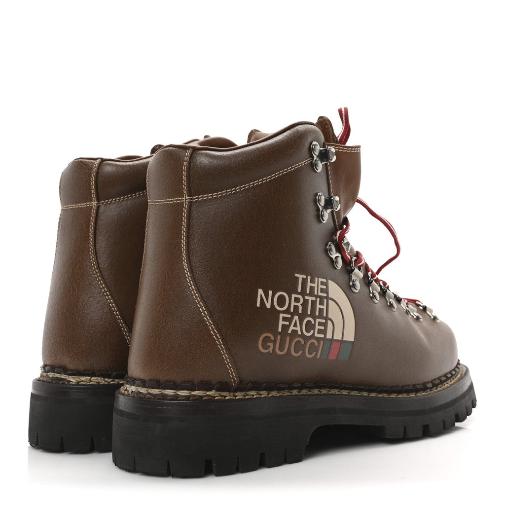 Gucci X THE NORTH FACE Calfskin Mens Hiking Ankle Boots 39 Foggy Tabacco Cuir