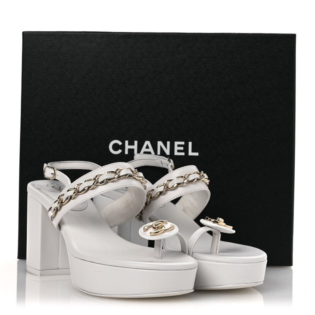 Lambskin Chain Platform Sandals 39 White