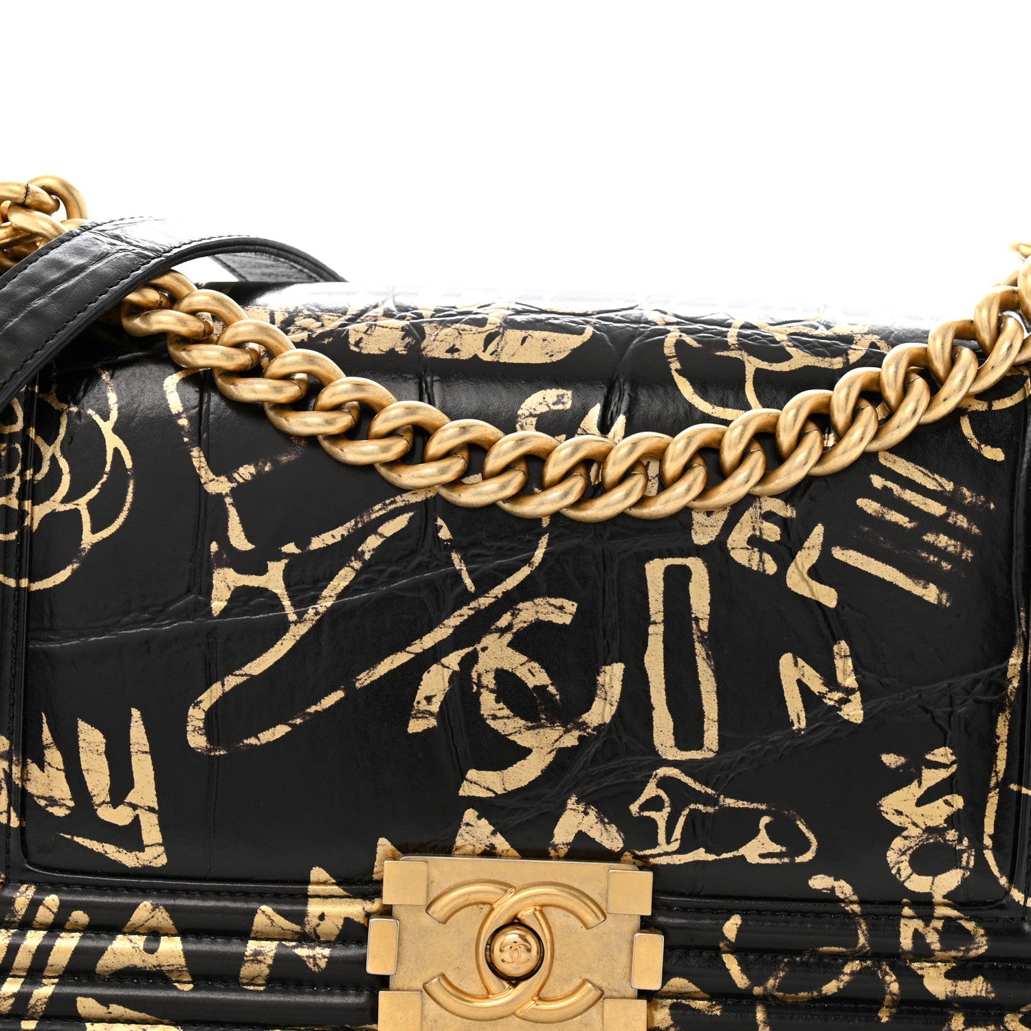 Chanel Calfskin Crocodile Embossed Graffiti Cocodile Medium Boy Flap Black