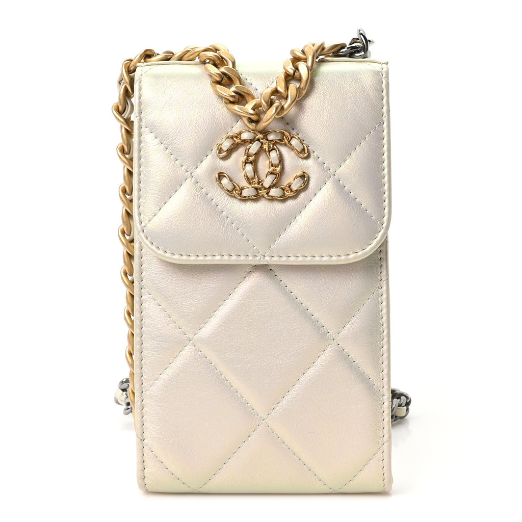 Iridescent Calfskin Quilted Chanel 19 Phone Holder With Chain White