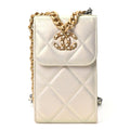 Iridescent Calfskin Quilted Chanel 19 Phone Holder With Chain White