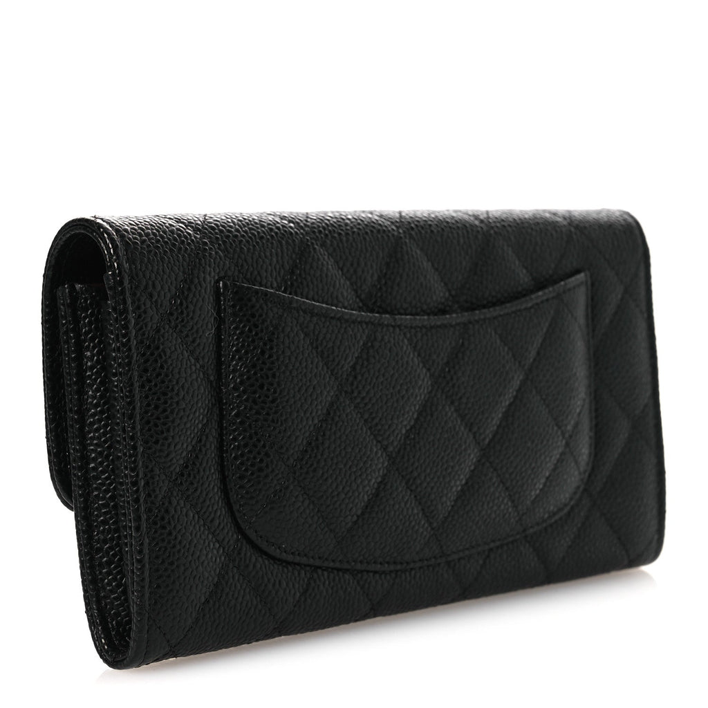 Caviar Quilted Large Gusset Flap Wallet Black