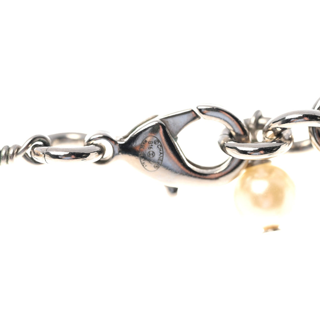 Graduated Pearl Crystal CC Long Necklace Silver