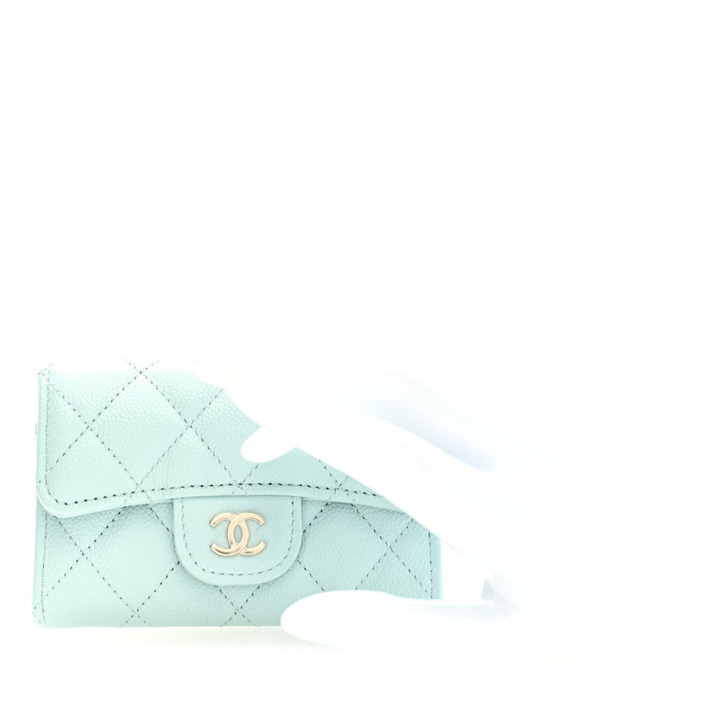 Caviar Quilted Flap Card Holder Wallet Light Blue