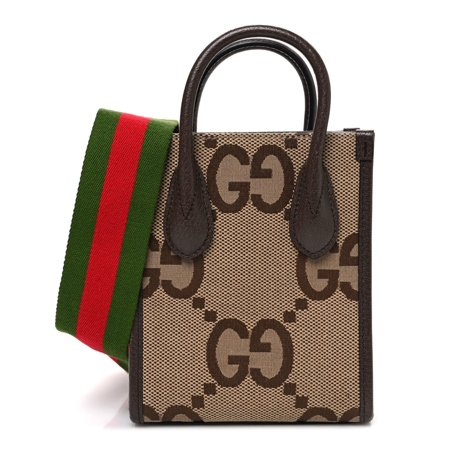 Gucci Monogram Jumbo GG Textured Dollar Calfskin Web Mini Vertical Tote Camel Ebony New Acero