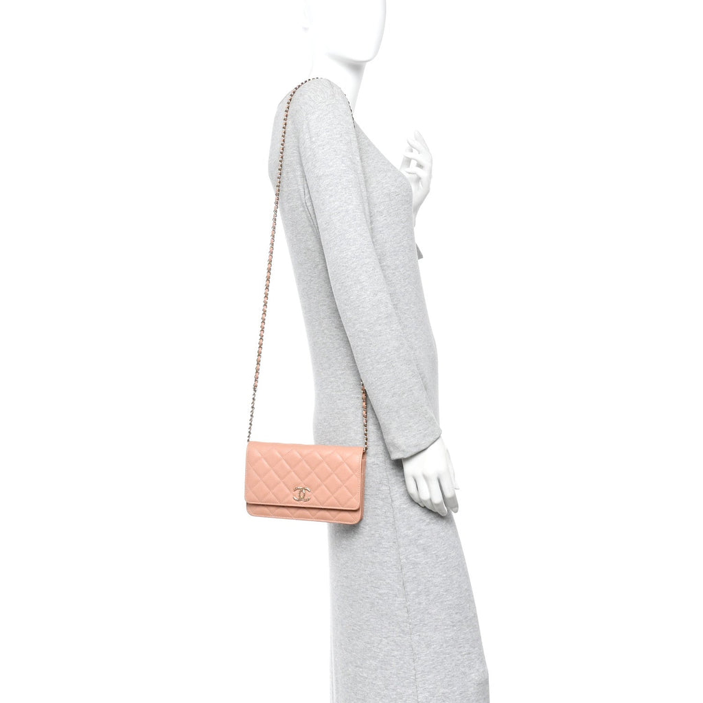 Chanel Caviar Quilted Perforated Metal CC Wallet On Chain WOC Beige