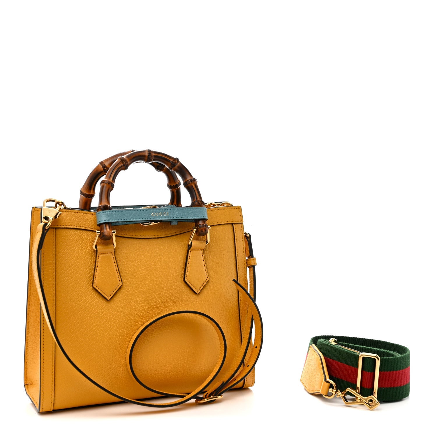 Gucci Textured Dollar Calfskin Web Small Diana Tote Bag Yellow Dusty Azure