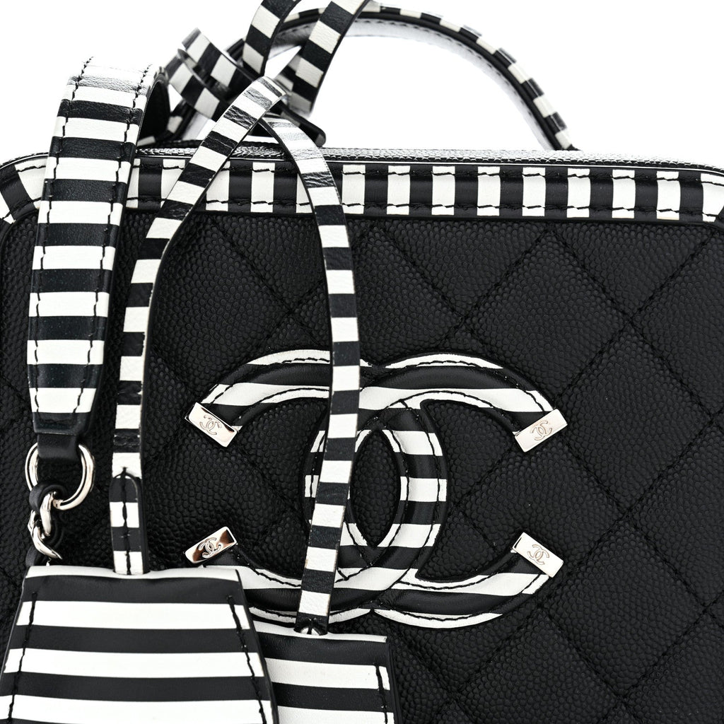 Chanel Caviar Quilted Striped Small CC Filigree Vanity Case Black White