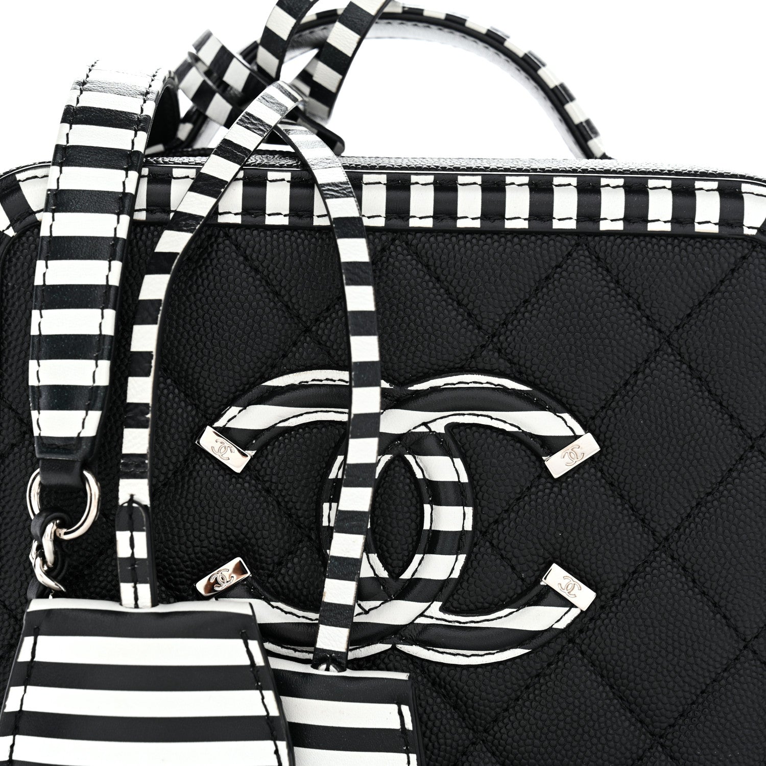Chanel Caviar Quilted Striped Small CC Filigree Vanity Case Black White