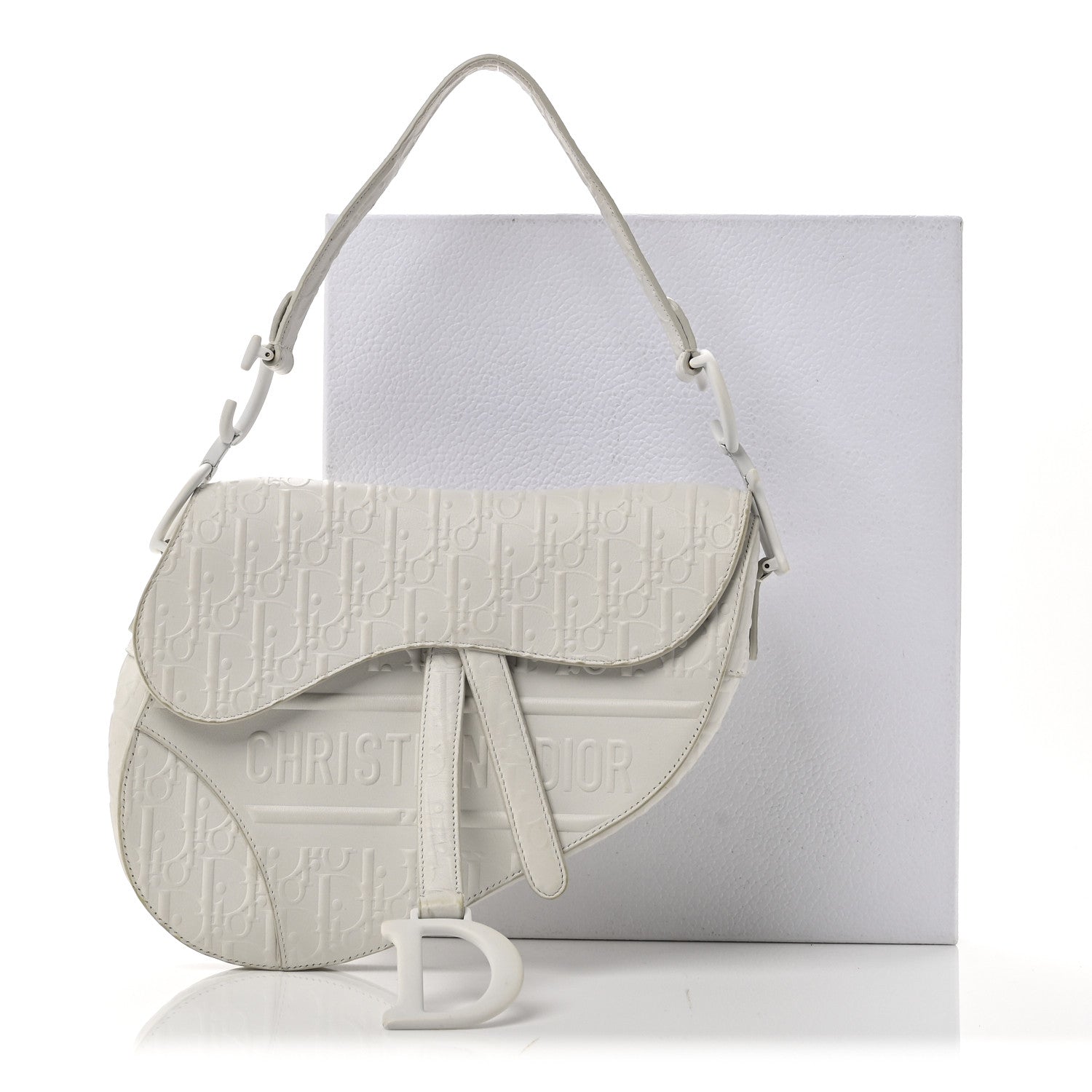 Christian Dior Calfskin Embossed Oblique Saddle Bag White