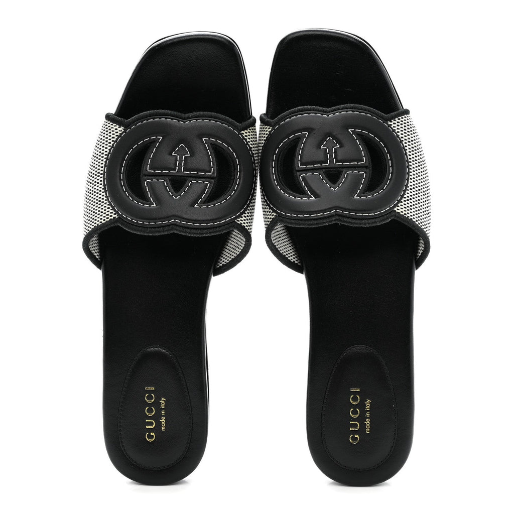 Gucci Cosmo Softy Calfskin Canvas Interlocking G Cut Out Slide Sandals 37.5 Natural Black