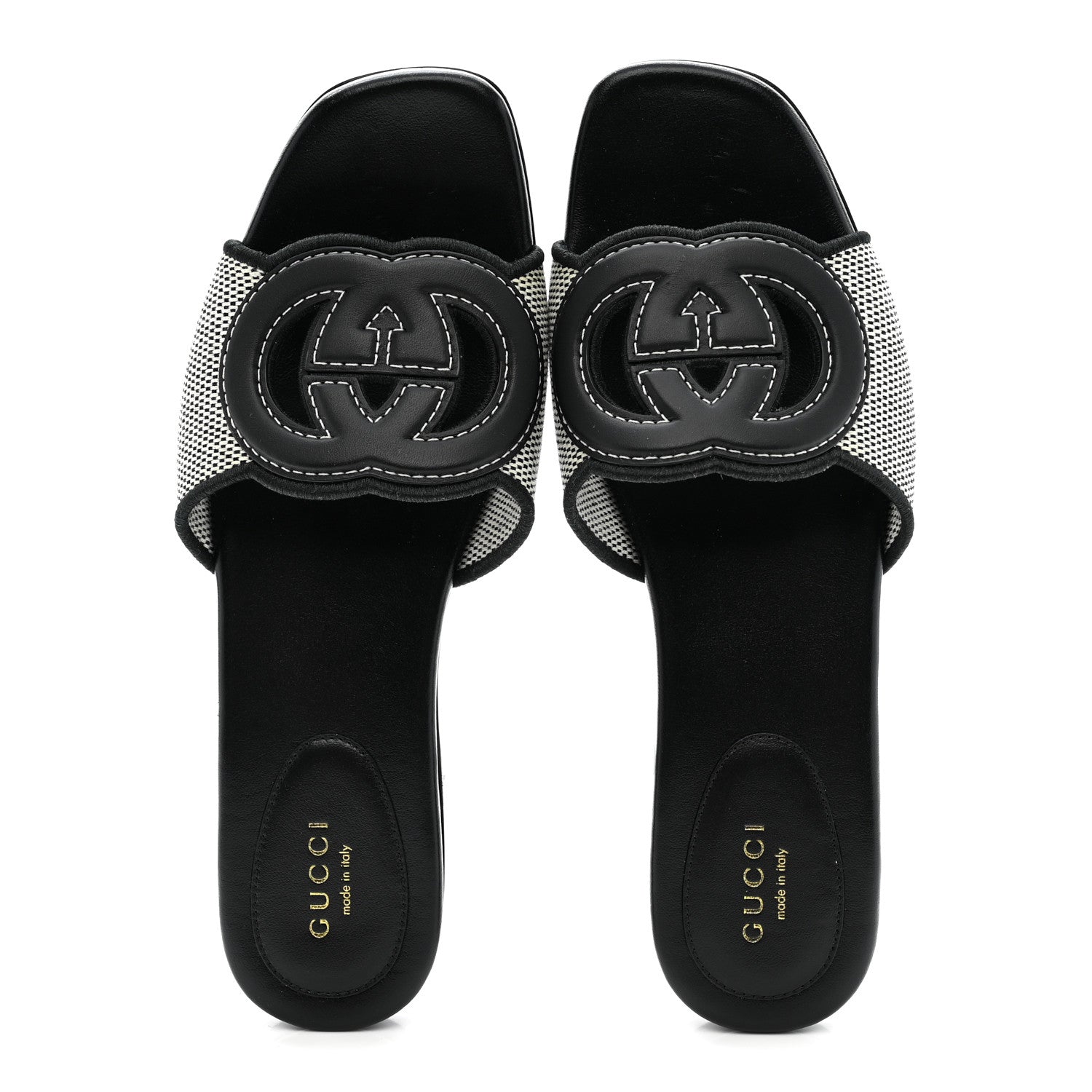 Gucci Cosmo Softy Calfskin Canvas Interlocking G Cut Out Slide Sandals 37.5 Natural Black