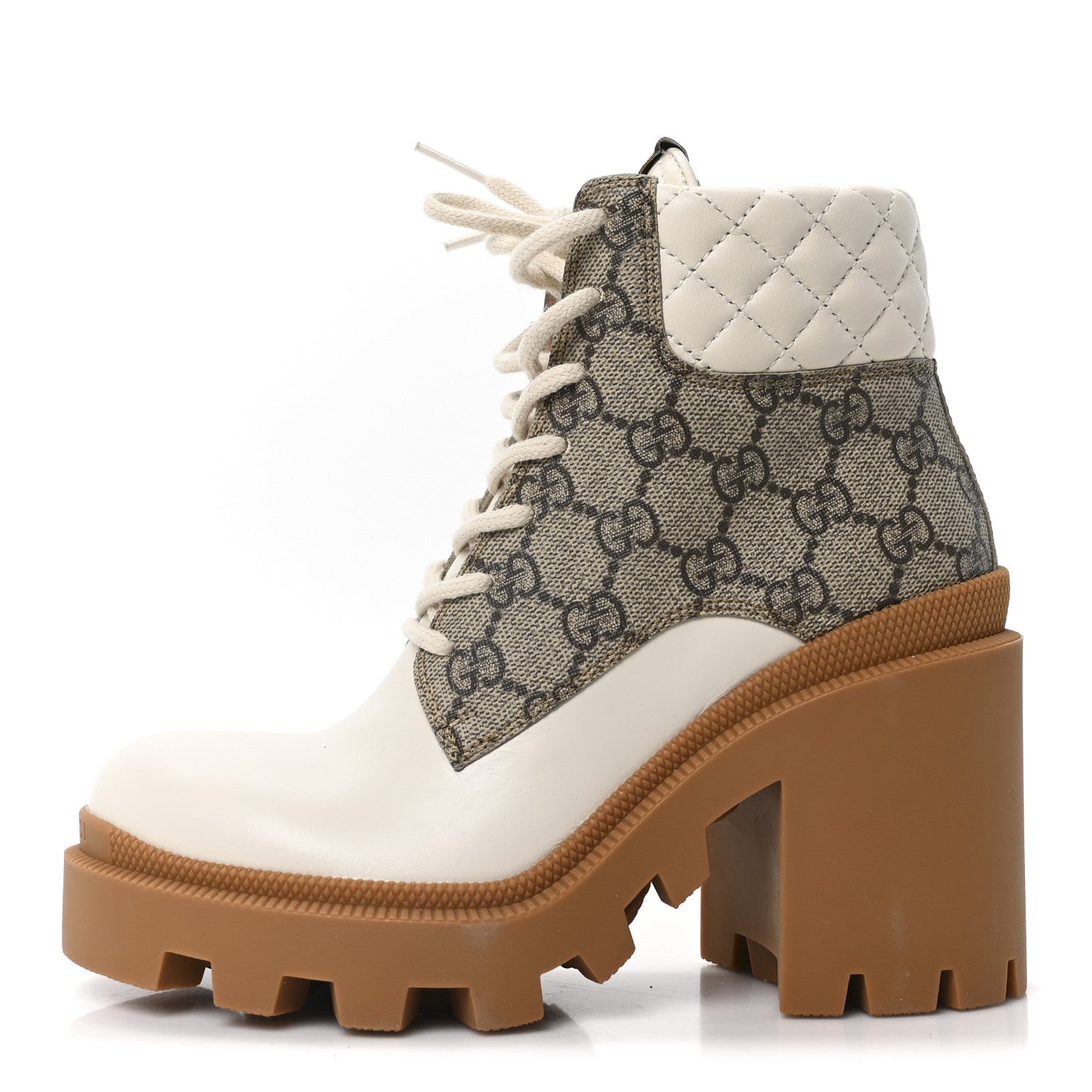 Gucci Calfskin GG Supreme Monogram Nappa Quilted Lace Up Ankle Boots 35 Mystic White Beige
