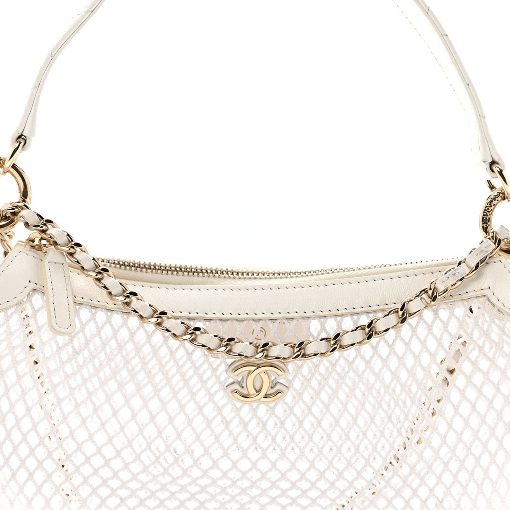 Chanel Mesh Shiny Lambskin Chain Hobo White