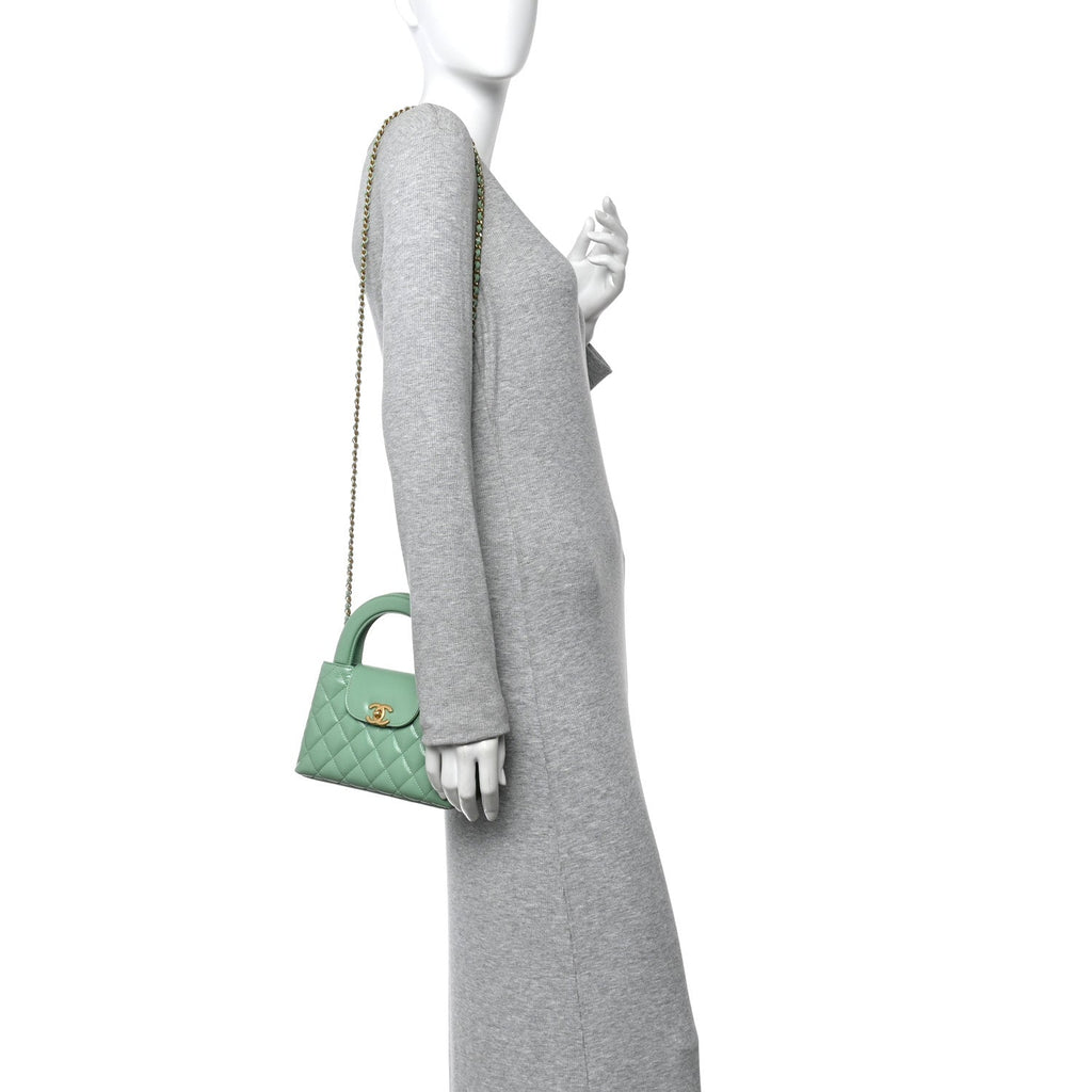 Chanel Shiny Aged Calfskin Quilted Nano Kelly Shopper Light Green